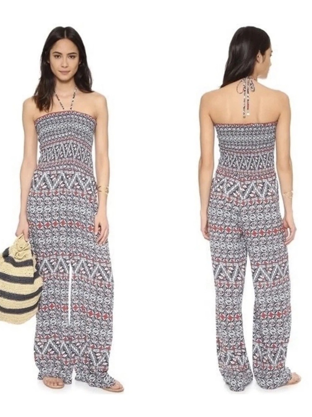TORY BURCH Poppy Acoma Smocked Strapless Halter Jumpsuit